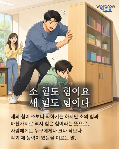 한국어 속담 “소 힘도 힘이요 새 힘도 힘이다” 1컷 일러스트