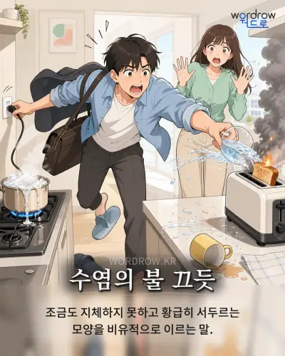 한국어 속담 “수염의 불 끄듯” 1컷 일러스트