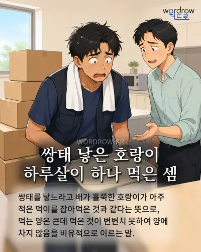한국어 속담 “쌍태 낳은 호랑이 하루살이 하나 먹은 셈” 1컷 일러스트