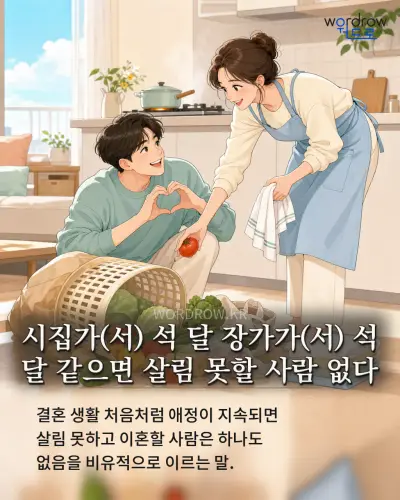 한국어 속담 “시집가(서) 석 달 장가가(서) 석 달 같으면 살림 못할 사람 없다” 1컷 일러스트
