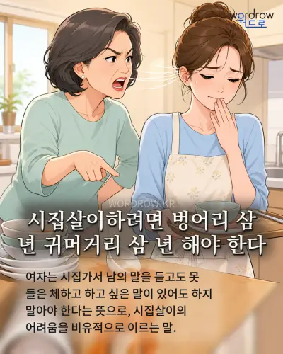 한국어 속담 “시집살이하려면 벙어리 삼 년 귀머거리 삼 년 해야 한다” 1컷 일러스트