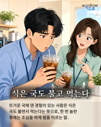 한국어 속담 “식은 국도 불고 먹는다” 1컷 일러스트