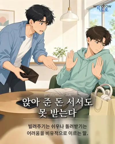 한국어 속담 “앉아 준 돈 서서도 못 받는다” 1컷 일러스트