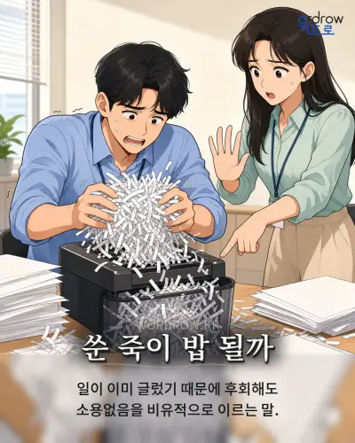 한국어 속담 “쑨 죽이 밥 될까” 1컷 일러스트