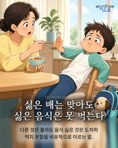 한국어 속담 “싫은 매는 맞아도 싫은 음식은 못 먹는다” 1컷 일러스트