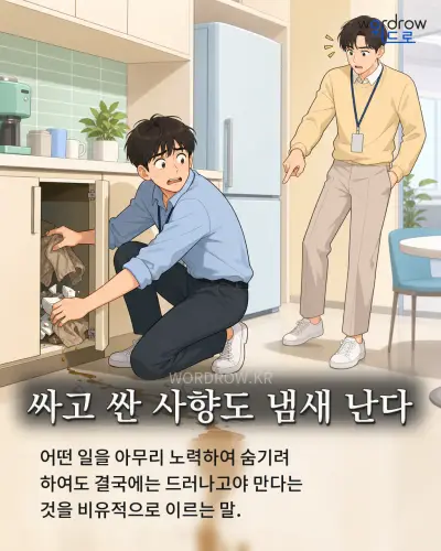 한국어 속담 “싸고 싼 사향도 냄새 난다” 1컷 일러스트