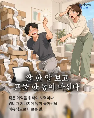 한국어 속담 “쌀 한 알 보고 뜨물 한 동이 마신다” 1컷 일러스트