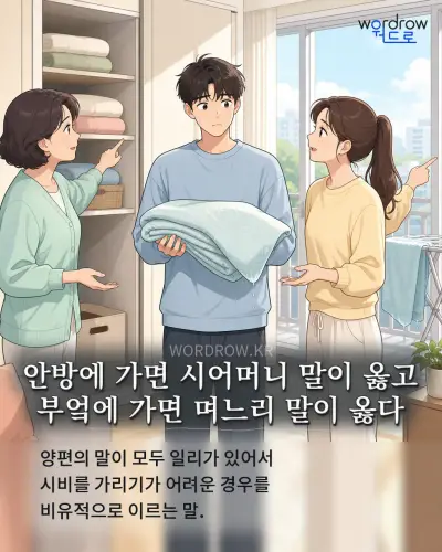 한국어 속담 “안방에 가면 시어머니 말이 옳고 부엌에 가면 며느리 말이 옳다” 1컷 일러스트