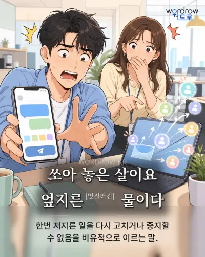 한국어 속담 “쏘아 놓은 살이요 엎지른[엎질러진] 물이다” 1컷 일러스트