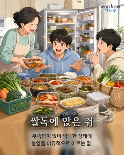 한국어 속담 “쌀독에 앉은 쥐” 1컷 일러스트
