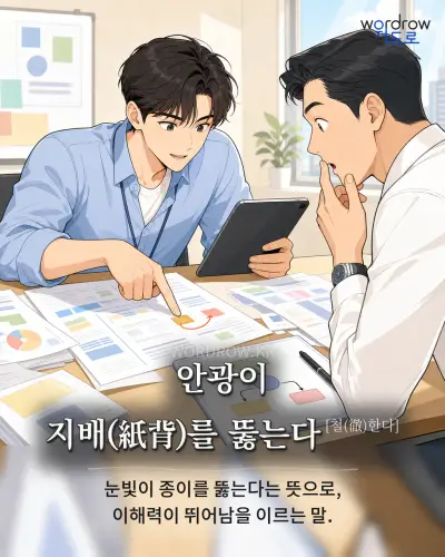 한국어 속담 “안광이 지배(紙背)를 뚫는다[철(徹)한다]” 1컷 일러스트