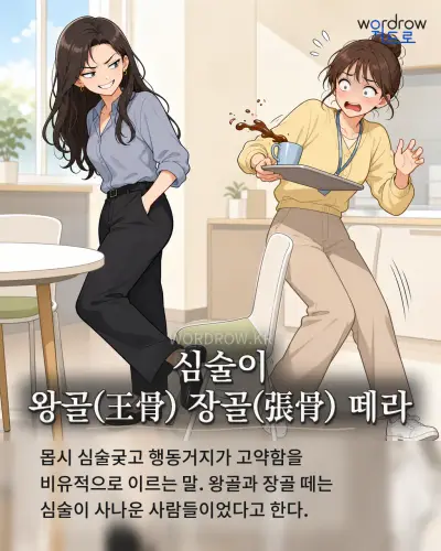 한국어 속담 “심술이 왕골(王骨) 장골(張骨) 떼라” 1컷 일러스트