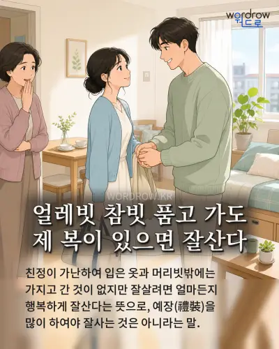 한국어 속담 “얼레빗 참빗 품고 가도 제 복이 있으면 잘산다” 1컷 일러스트