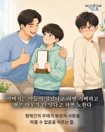 한국어 속담 “아버지는 아들이 잘났다고 하면 기뻐하고 형은 아우가 더 낫다고 하면 노한다” 1컷 일러스트