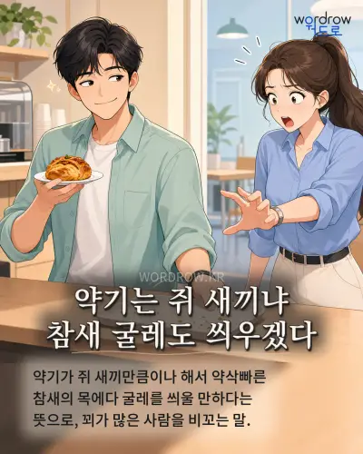 한국어 속담 “약기는 쥐 새끼냐 참새 굴레도 씌우겠다” 1컷 일러스트