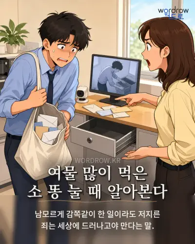 한국어 속담 “여물 많이 먹은 소 똥 눌 때 알아본다” 1컷 일러스트