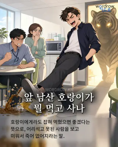 한국어 속담 “앞 남산 호랑이가 뭘 먹고 사나” 1컷 일러스트