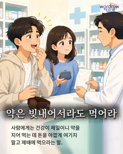 한국어 속담 “약은 빚내어서라도 먹어라” 1컷 일러스트