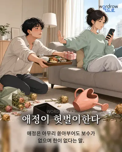 한국어 속담 “애정이 헛벌이한다” 1컷 일러스트