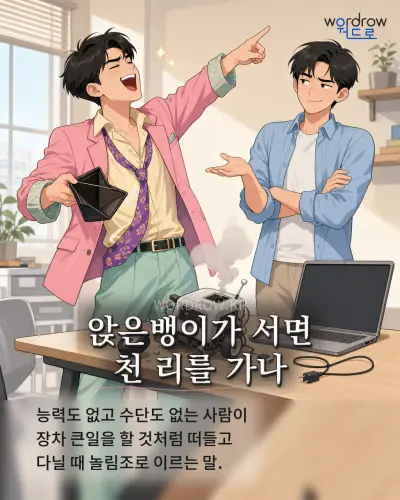 한국어 속담 “앉은뱅이가 서면 천 리를 가나” 1컷 일러스트