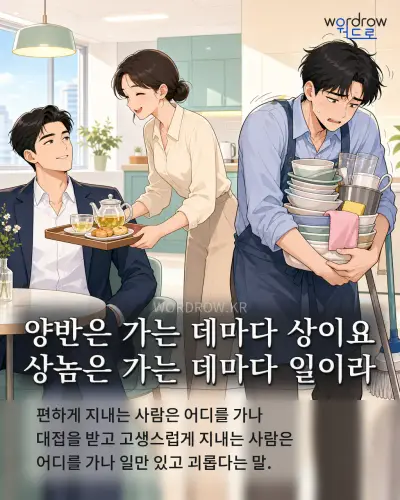 한국어 속담 “양반은 가는 데마다 상이요 상놈은 가는 데마다 일이라” 1컷 일러스트