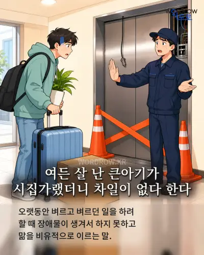 한국어 속담 “여든 살 난 큰아기가 시집가랬더니 차일이 없다 한다” 1컷 일러스트