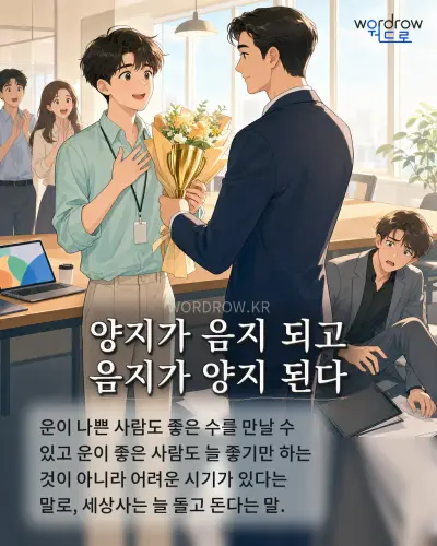 한국어 속담 “양지가 음지 되고 음지가 양지 된다” 1컷 일러스트