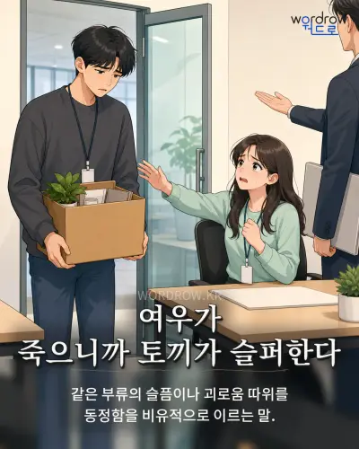 한국어 속담 “여우가 죽으니까 토끼가 슬퍼한다” 1컷 일러스트