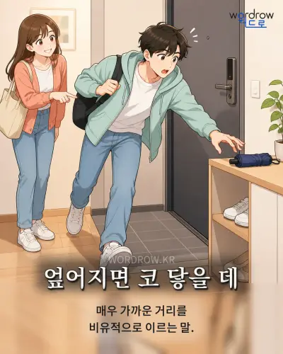 한국어 속담 “엎어지면 코 닿을 데” 1컷 일러스트