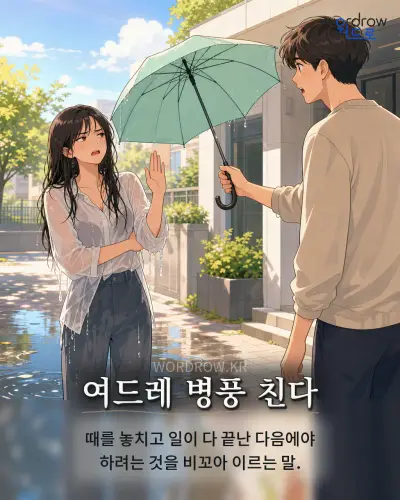 한국어 속담 “여드레 병풍 친다”를 한 장면으로 담은 1컷 일러스트