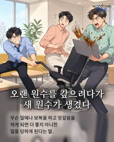 한국어 속담 “오랜 원수를 갚으려다가 새 원수가 생겼다” 1컷 일러스트