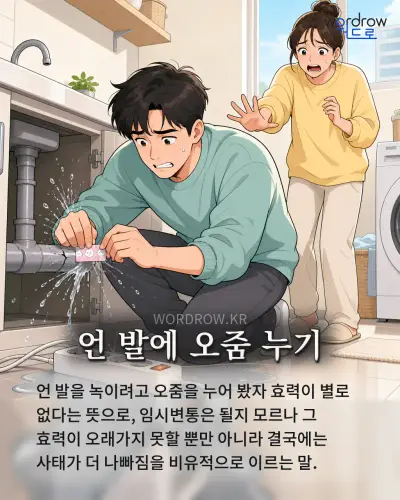 한국어 속담 “언 발에 오줌 누기” 1컷 일러스트