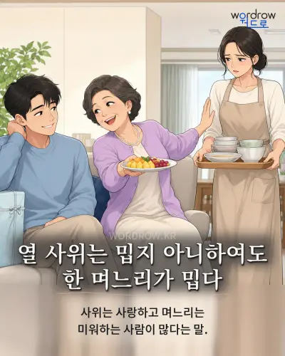한국어 속담 “열 사위는 밉지 아니하여도 한 며느리가 밉다” 1컷 일러스트