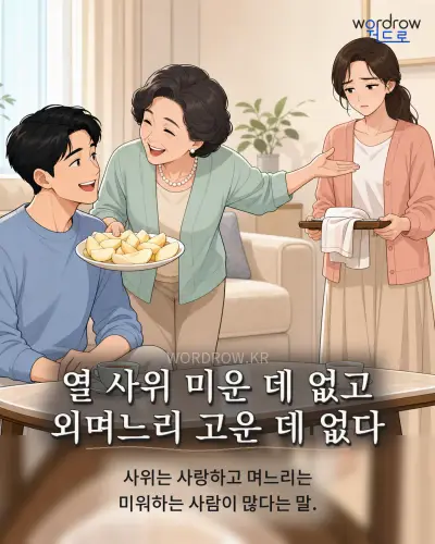 한국어 속담 “열 사위 미운 데 없고 외며느리 고운 데 없다” 1컷 일러스트