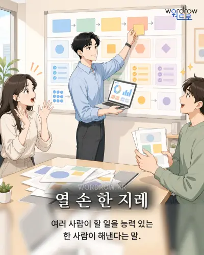 한국어 속담 “열 손 한 지레” 1컷 일러스트