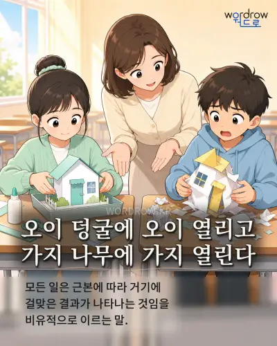 한국어 속담 “오이 덩굴에 오이 열리고 가지 나무에 가지 열린다” 1컷 일러스트