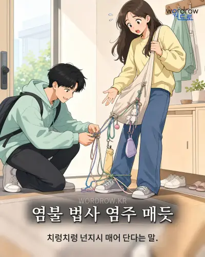 한국어 속담 “염불 법사 염주 매듯” 1컷 일러스트