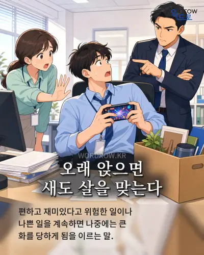 한국어 속담 “오래 앉으면 새도 살을 맞는다” 1컷 일러스트