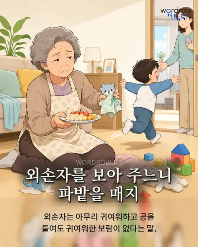 한국어 속담 “외손자를 보아 주느니 파밭을 매지”를 한 장면으로 담은 1컷 일러스트