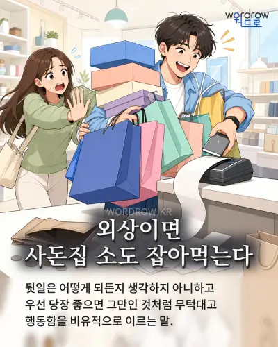 한국어 속담 “외상이면 사돈집 소도 잡아먹는다” 1컷 일러스트
