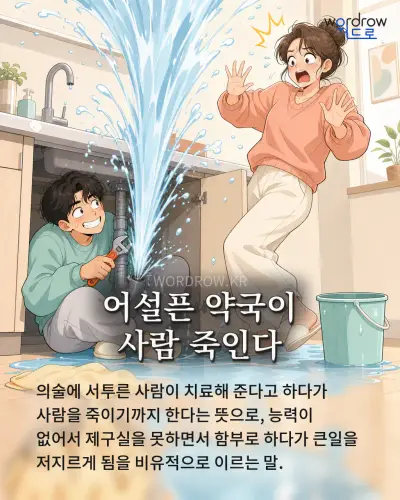 한국어 속담 “어설픈 약국이 사람 죽인다” 1컷 일러스트