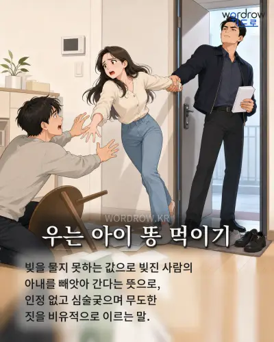 한국어 속담 “우는 아이 똥 먹이기” 1컷 일러스트
