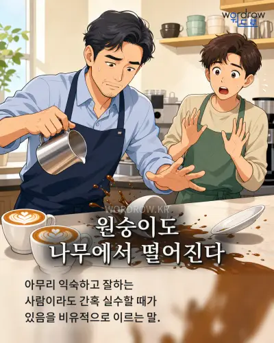 한국어 속담 “원숭이도 나무에서 떨어진다” 1컷 일러스트