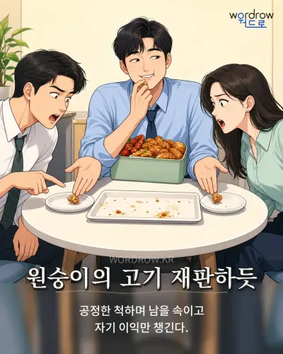 한국어 속담 “원숭이의 고기 재판하듯” 1컷 일러스트