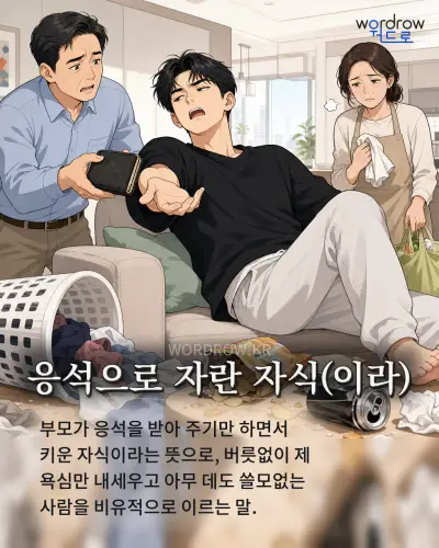 한국어 속담 “응석으로 자란 자식(이라)” 1컷 일러스트