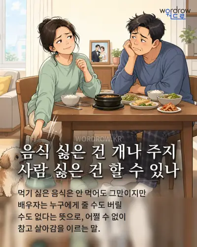 한국어 속담 “음식 싫은 건 개나 주지 사람 싫은 건 할 수 있나” 1컷 일러스트