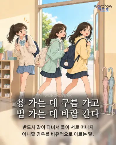 한국어 속담 “용 가는 데 구름 가고 범 가는 데 바람 간다”를 한 장면으로 담은 1컷 일러스트