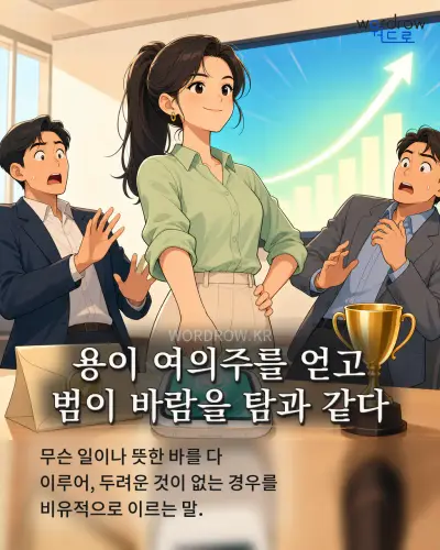 한국어 속담 “용이 여의주를 얻고 범이 바람을 탐과 같다” 1컷 일러스트
