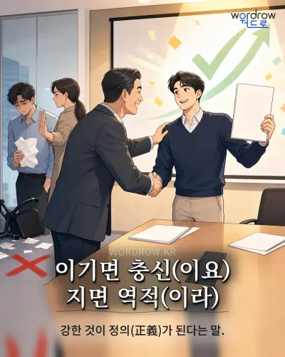 한국어 속담 “이기면 충신(이요) 지면 역적(이라)” 1컷 일러스트