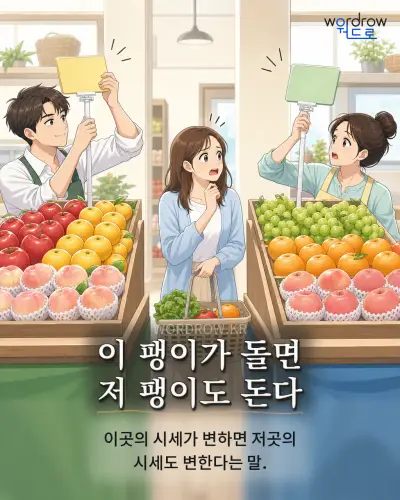 한국어 속담 “이 팽이가 돌면 저 팽이도 돈다” 1컷 일러스트